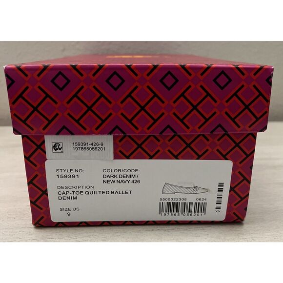 Tory Burch NIB Sz 9 Flats Cap-Toe Quilted Ballet Dark Blue Leather Denim Shoes - Picture 2 of 11